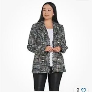 Dennis Basso Lurex Tweed Black Blue Silver Jacket with Fringe